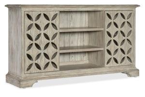 Hooker Furniture Commerce Underhill Entertainment Console — Light Gray Distressed Oak Tv Stand With Floral Cutout Doors, Soft-Close Storage 7228-85111-95