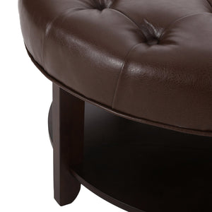 English Elm Round Tufted Pu Leather Ottoman with Open Shelf Storage for Living Room Dark Brown 71589.00DBRN