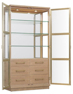 Hooker Furniture Banyon Glass Display Cabinet With Mirrored Back, Brushed Brass Accents & Led Lights, Desert Oak Finish 6081-75906-82