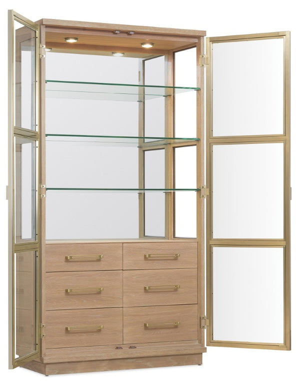 Hooker Furniture Banyon Glass Display Cabinet With Mirrored Back, Brushed Brass Accents & Led Lights, Desert Oak Finish 6081-75906-82