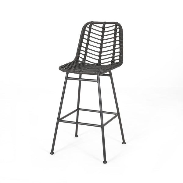 English Elm Christopher Knight Home® - Sawtelle Hand-Wrapped Faux Rattan Barstools Set of 2 — Metal Frame, Modern Minimal Outdoor Chic Grey 65481.00GRY