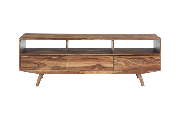 Porter Designs Porter Fusion Solid Sheesham Wood Tv Stand With 3 Drawers & Open Storage, Mid-century Modern Design Light Brown Wood 06-117-03-6733n