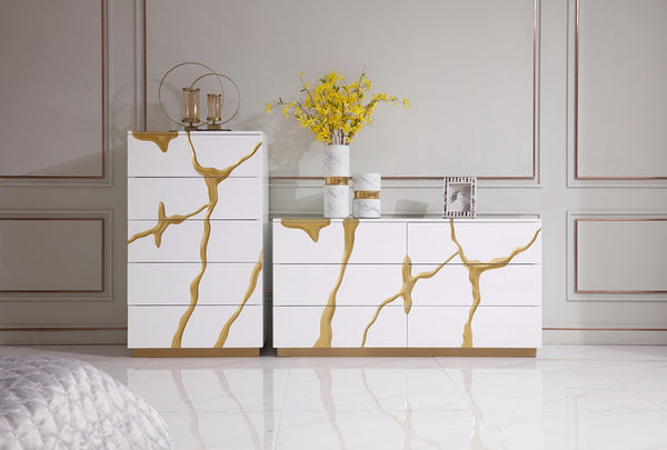 VIG Furniture Aspen High-Gloss White & Gold Chest With 5 Soft-Closing Drawers, Concealed Pulls, No Assembly Needed VGVCJ1801-5H-WHT