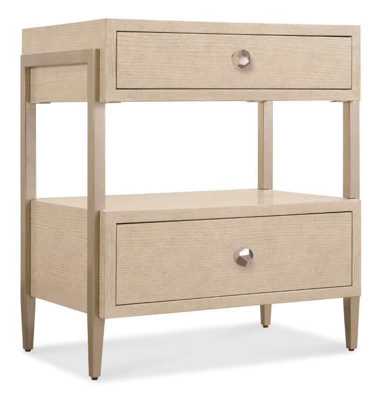 Hooker Furniture Westwood Modern Two-Drawer Nightstand With Open Metal Frame, Oak Veneer Drawers, Polished Limestone Finish 6133-90116-80
