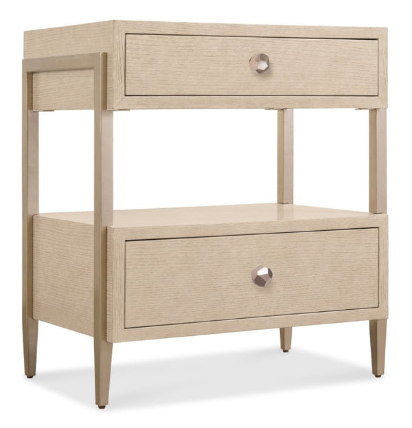 Hooker Furniture Westwood Modern Two-Drawer Nightstand With Open Metal Frame, Oak Veneer Drawers, Polished Limestone Finish 6133-90116-80