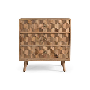 English Elm Christopher Knight Home® - Mid-Century Mango Wood 3 Drawer Chest with 3D Tile Weave, Antique Brass Knobs, Natural Finish 66414.00