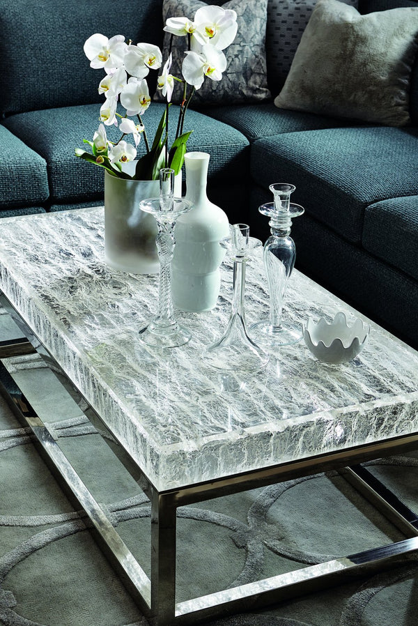 Bernhardt Bernhardt Acrylic-Top Arctic Cocktail Table With Ice-Like Grain, Polished Stainless Base, 55.25"W X 17.25"H 375023