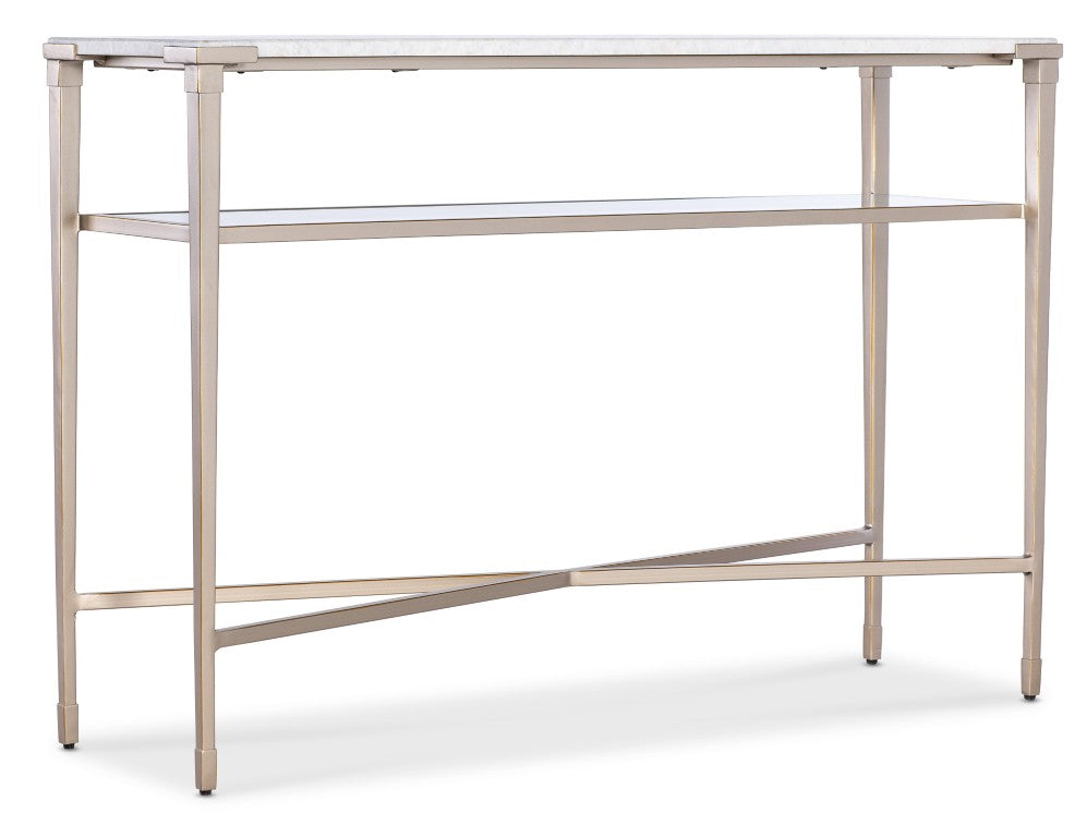Hooker Furniture Melange Jen Console Table With White Stone Top, Champagne Tapered Legs & Glass Shelf For Entryway 628-85746-00