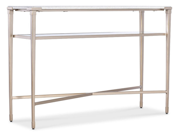 Hooker Furniture Melange Jen Console Table With White Stone Top, Champagne Tapered Legs & Glass Shelf For Entryway 628-85746-00