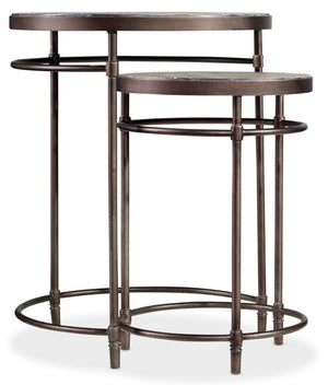 Hooker Furniture Saint Armand Acacia Nesting Tables With Antique Bronze Metal Bases — Rustic Industrial Luxe Accent Pair 5601-50001