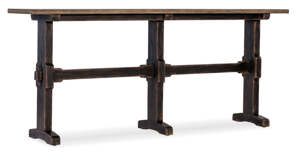 Hooker Furniture Americana Parquet Trestle Console Table — Honey Oak Top, Molasses Base, Distressed Antique Charm, 16" Depth 7050-80151-89