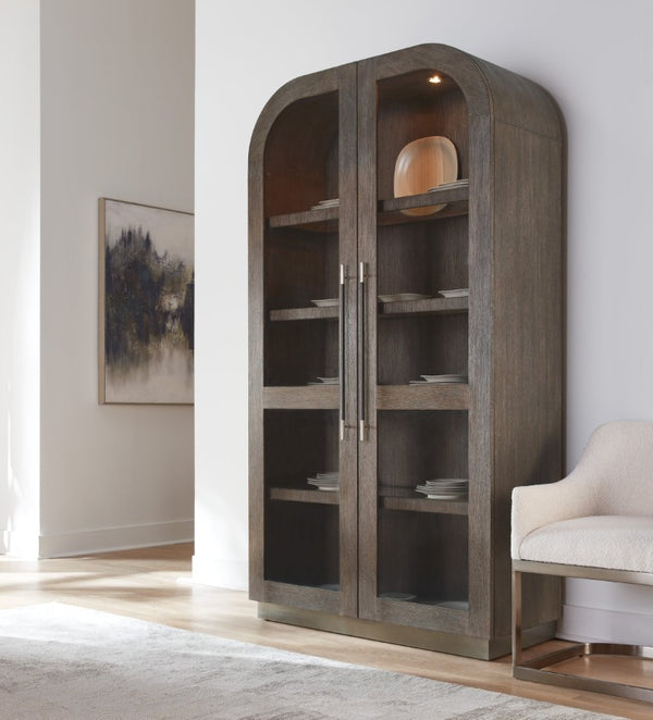 Hooker Furniture Modern Mood Display Cabinet With Integrated Lighting, Quartered Oak Veneer, Leather Pulls, Soft-Close Doors Medium Brown 6850-75906-89