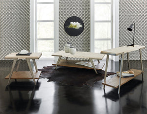 Hooker Furniture Commerce Boomerang Console Table With Cream Travertine Top, Oak Shelf & Gray Metal Frame — Eclectic Elegance 7228-80165-85