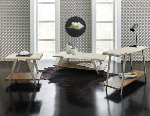 Hooker Furniture Commerce Boomerang Console Table With Cream Travertine Top, Oak Shelf & Gray Metal Frame — Eclectic Elegance 7228-80165-85