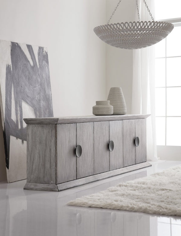 Hooker Furniture Melange Koren Credenza With Faux-Concrete Top, Elm Veneer & Gunmetal Hardware — Media-Ready Storage Statement 638-85444-95