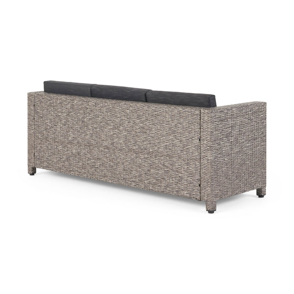 English Elm Christopher Knight Home® - PUERTA Outdoor 3-Seater Sofa with Weather-Resistant Cushions, Woven PE Rattan, Iron Frame, Modern Design 62979.00BLK