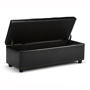 English Elm Hamilton Storage Ottoman: Stylish Midnight Black Vegan Leather With Hidden Storage & Seating Solution B136P158171