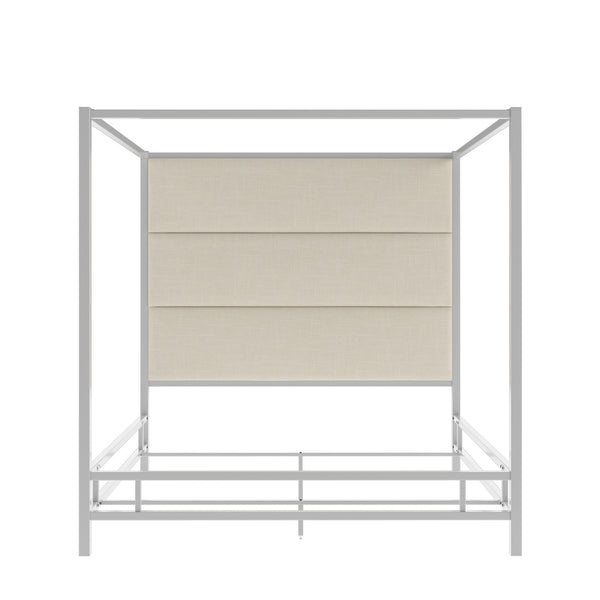 Homelegance By Top-Line Marcel Chrome Finish Metal Canopy Bed with Linen Panel Headboard Chrome Metal