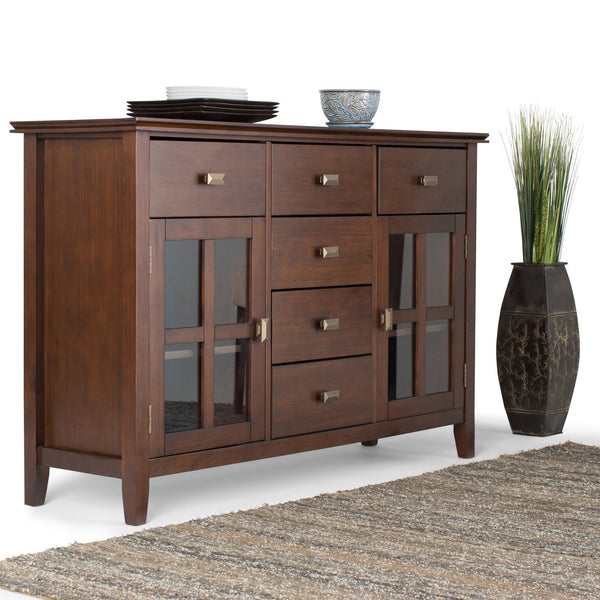 English Elm Artisan Russet Brown Solid Wood Sideboard Buffet with Glass Doors, 6 Drawers, Sturdy Storage B136P159467