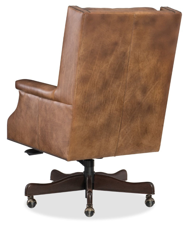 Hooker Furniture Beckett Executive Swivel Tilt Chair In Checkmate Pawn Top-Grain Leather With Natchez Brown Wood Base Medium Brown EC562-083