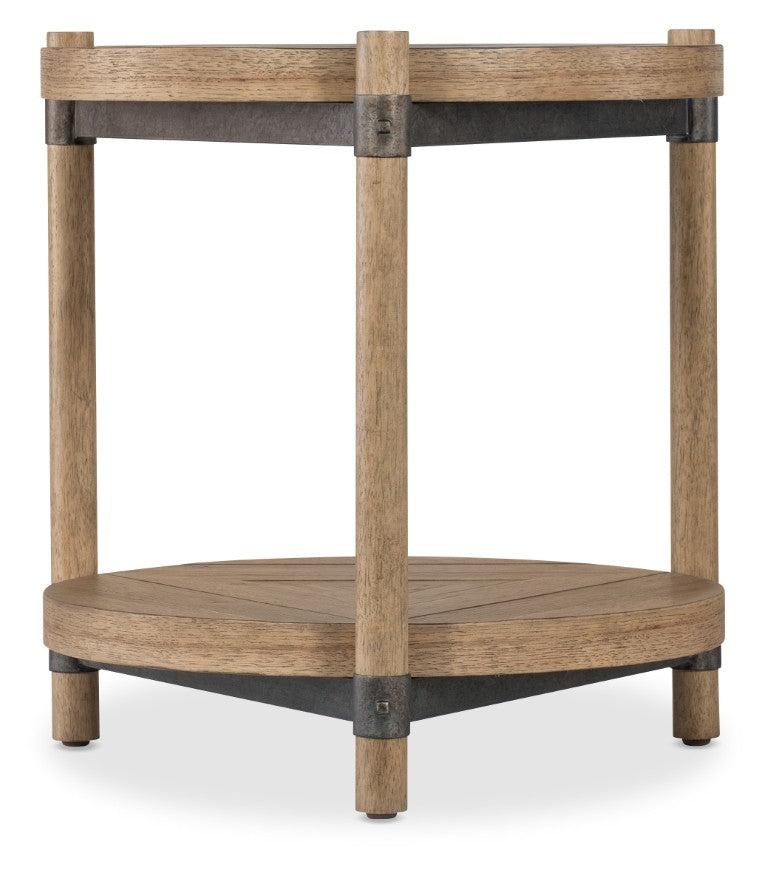 Hooker Furniture Vineyard Round End Table With Pecky Hickory Top, Hammered Metal Accents & Lower Shelf, Sonoma Finish 6952-80116-80