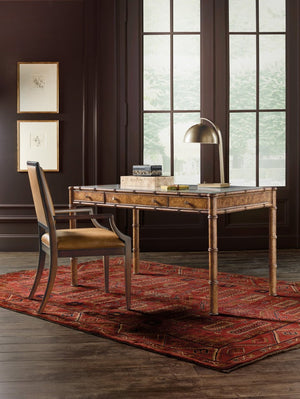 Hooker Furniture Archives Writing Desk With Faux-Tortoise Shell Accent, Woven Cane Top, Glass Surface & 3 Drawers 6123-10458-80