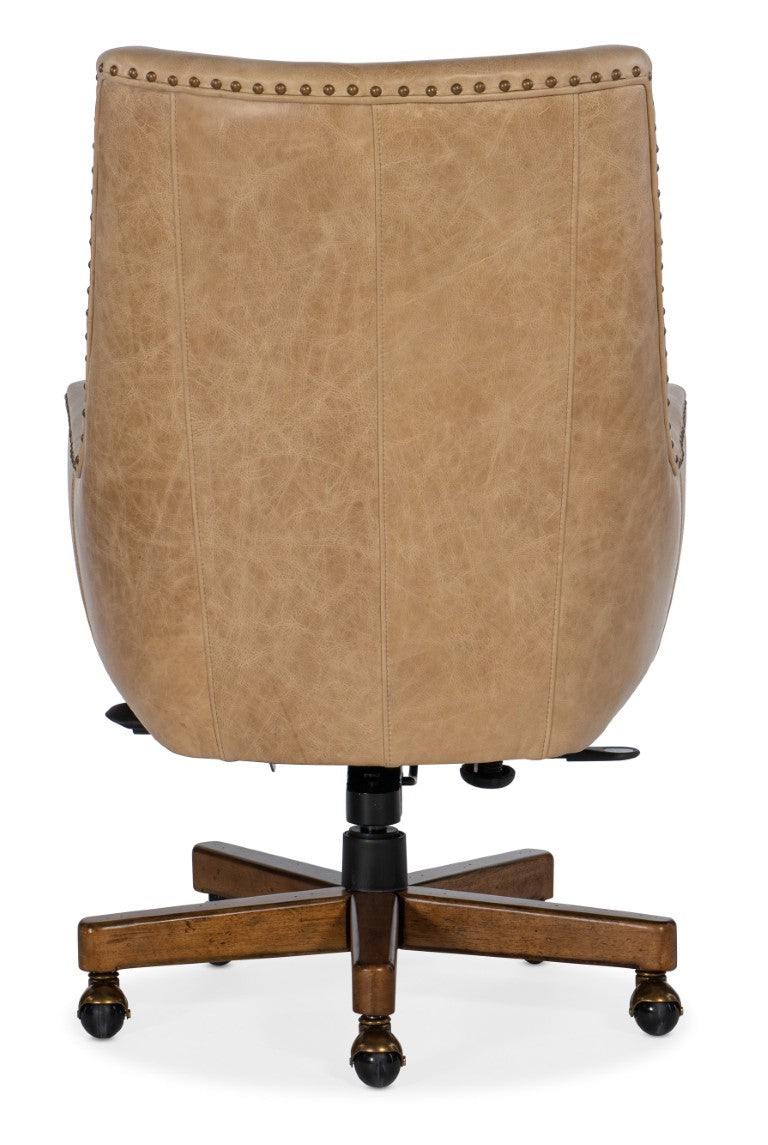 Hooker Furniture Kent Executive Swivel Tilt Chair In Venerando Bisque Leather With Quilted Back, Gold Nailhead Trim, Wood Base And Adjustable Comfort Light Brown EC206-081