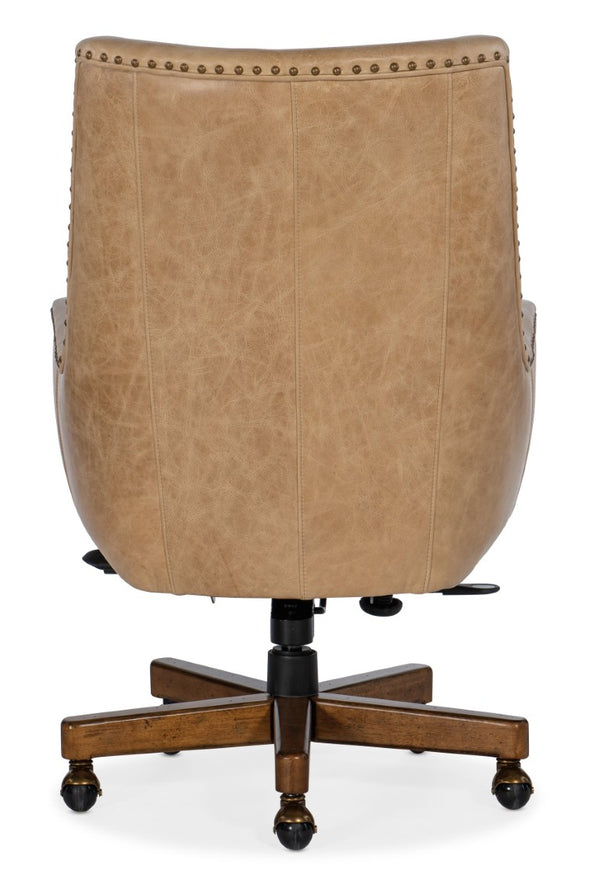 Hooker Furniture Kent Executive Swivel Tilt Chair In Venerando Bisque Leather With Quilted Back, Gold Nailhead Trim, Wood Base And Adjustable Comfort Light Brown EC206-081