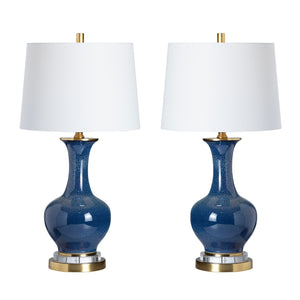 Crestview Collection 29"H Delaney Table Lamp - Elegant Blue Ceramic With Gold Accents, Crystal Ring & Linen Shade   Cvap2849