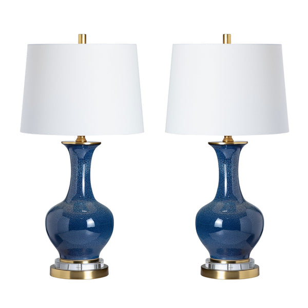Crestview Collection 29"H Delaney Table Lamp - Elegant Blue Ceramic With Gold Accents, Crystal Ring & Linen Shade   Cvap2849