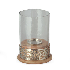 English Elm Christopher Knight Home® - LATTICE Mango Wood Hurricane Candle Holder with Ripple Glass, Handcrafted Boho Accent, Nickel Trim 72065.00