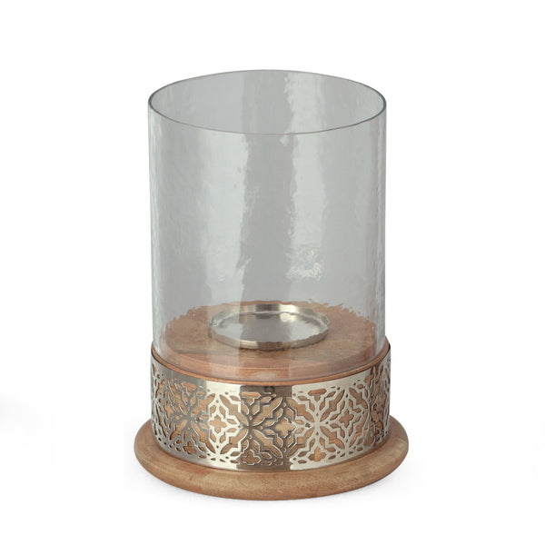 English Elm Christopher Knight Home® - LATTICE Mango Wood Hurricane Candle Holder with Ripple Glass, Handcrafted Boho Accent, Nickel Trim 72065.00