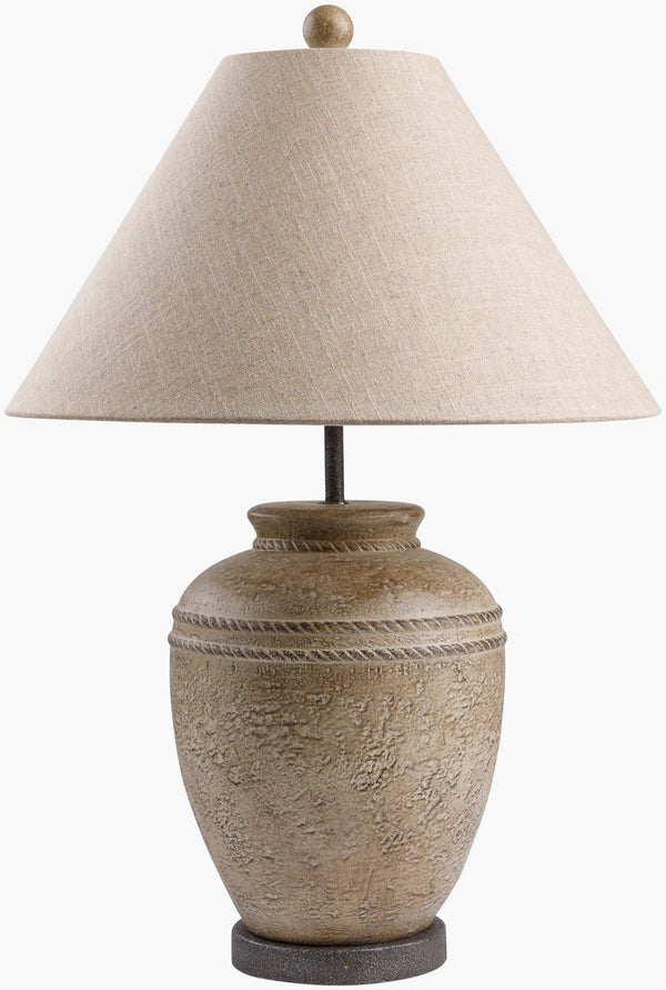 Surya Nantes Accent Table Lamp - 25" Elegant Beige Linen Shade & Durable Metal Base For Stylish Lighting Body, Beige,Base, Brown,Shade (Outside), Beige,Shade (Inside), White,Finial, Beige,Harp, Metallic ,Gold,Cord, Translucent Cement,Iron,Linen,Polyester,Plastic Nan-001