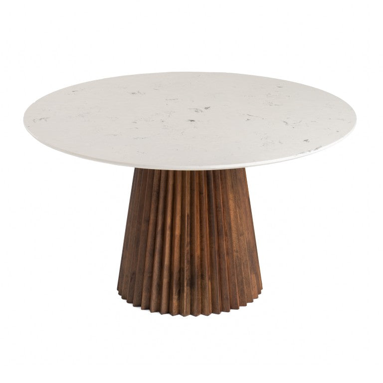 VIG Furniture Nancy Mid-Century Round Dining Table With White Marble Top & Walnut Pedestal, Seats 6, Durable Elegance VGMAMIT-5347