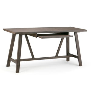 English Elm Dylan Solid Wood Desk with Driftwood Wire-Brushed Finish, Trestle Support, Keyboard Tray, 60" Surface Dark Brown B136P158143