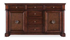 Hooker Furniture Charleston Maraschino Cherry Two-Door Six-Drawer Buffet With Cane Doors, Floral Bronze Hardware, 66" 6750-75902-85