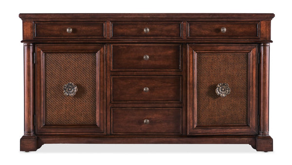 Hooker Furniture Charleston Maraschino Cherry Two-Door Six-Drawer Buffet With Cane Doors, Floral Bronze Hardware, 66" 6750-75902-85