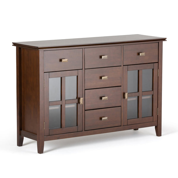 English Elm Artisan Russet Brown Solid Wood Sideboard Buffet with Glass Doors, 6 Drawers, Sturdy Storage B136P159467