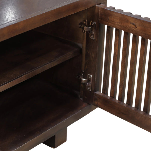 Origins Nara Japandi Low Profile Wood Tv Console with Slatted Doors for Large Living Rooms RW8020