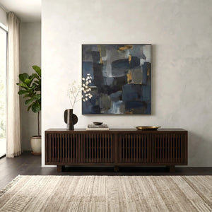 Origins Nara Japandi Low Profile Wood Tv Console with Slatted Doors for Large Living Rooms RW8020
