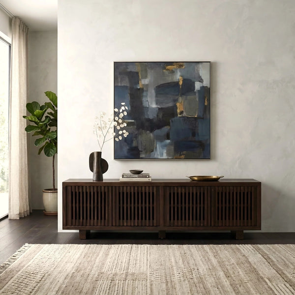 Origins Nara Japandi Low Profile Wood Tv Console with Slatted Doors for Large Living Rooms RW8020