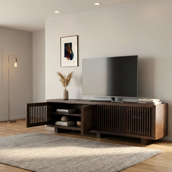 Origins Nara Japandi Low Profile Wood Tv Console with Slatted Doors for Large Living Rooms RW8020