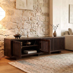 Origins Nara Japandi Low Profile Wood Tv Console with Slatted Doors for Large Living Rooms RW8020
