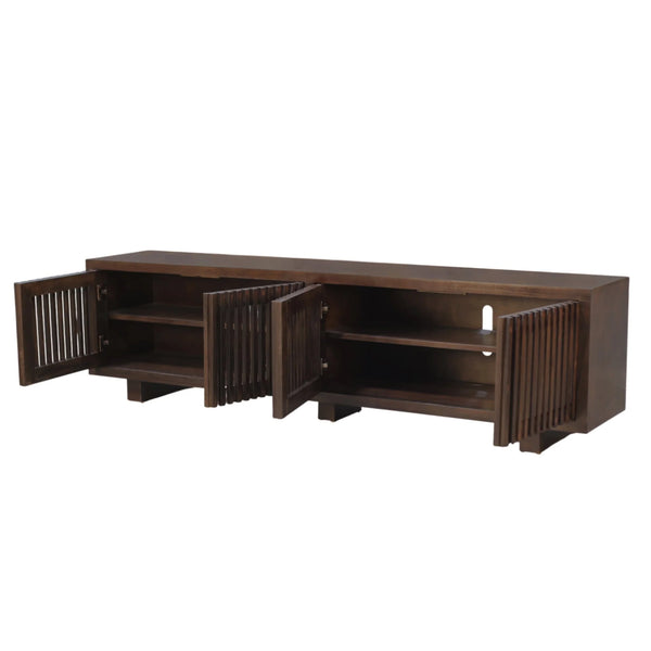 Origins Nara Japandi Low Profile Wood Tv Console with Slatted Doors for Large Living Rooms RW8020