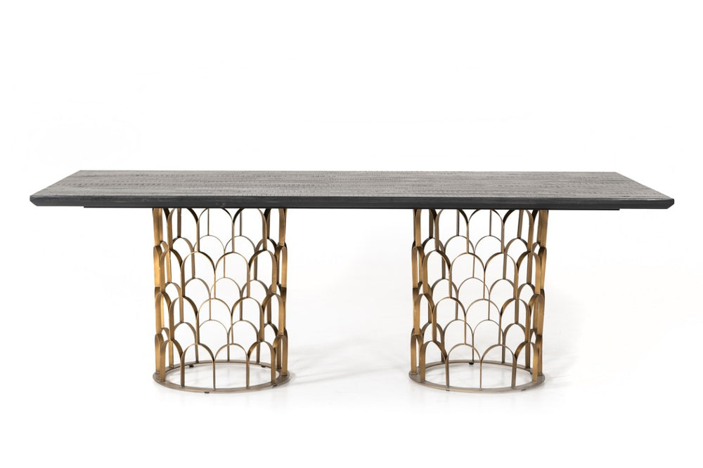VIG Furniture Natalie Rectangular Black Acacia Dining Table With Antique Brass Geometric Pedestals, Seats 6–8 VGLBGATS-DT220-03