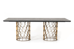 VIG Furniture Natalie Rectangular Black Acacia Dining Table With Antique Brass Geometric Pedestals, Seats 6–8 VGLBGATS-DT220-03