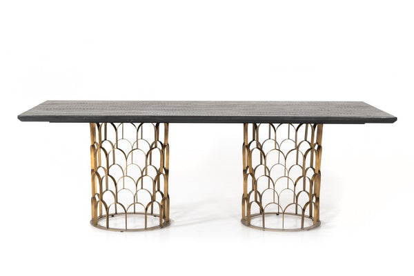 VIG Furniture Natalie Rectangular Black Acacia Dining Table With Antique Brass Geometric Pedestals, Seats 6–8 VGLBGATS-DT220-03