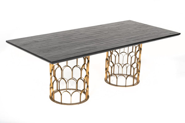 VIG Furniture Natalie Rectangular Black Acacia Dining Table With Antique Brass Geometric Pedestals, Seats 6–8 VGLBGATS-DT220-03