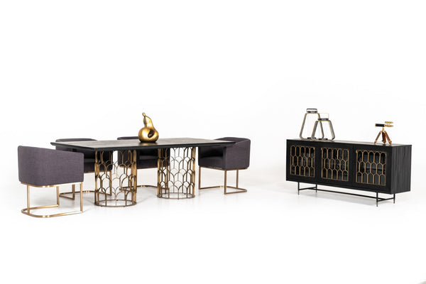 VIG Furniture Natalie Rectangular Black Acacia Dining Table With Antique Brass Geometric Pedestals, Seats 6–8 VGLBGATS-DT220-03