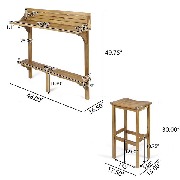 English Elm 3-piece Acacia Balcony Bar Set Railing Mount with Shelf and Two Stools Outdoor 62980.00